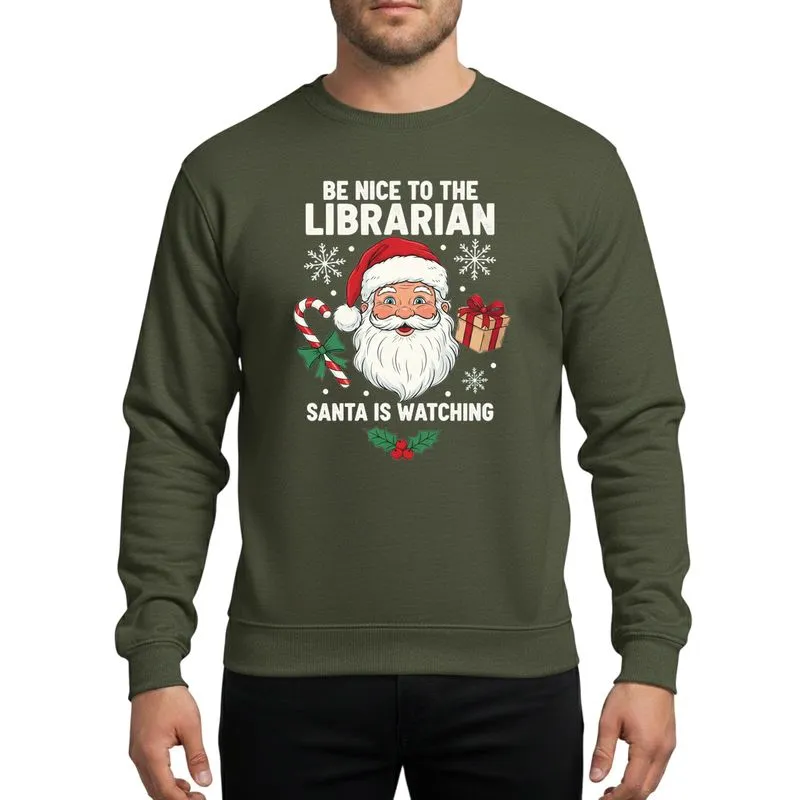 Librarian & Book Lover Vintage Distressed Christmas Santa Claus Red White Green Holly Candy Cane Festive Message Sweatshirt - 1