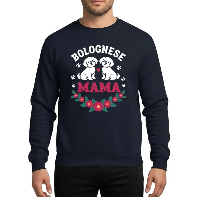 Bolognese Dog Mom's Bold White Bolognese Dog Silhouettes Pink Heart Paw Print Floral Wreath Mama Design Teal Green Sweatshirt - 1