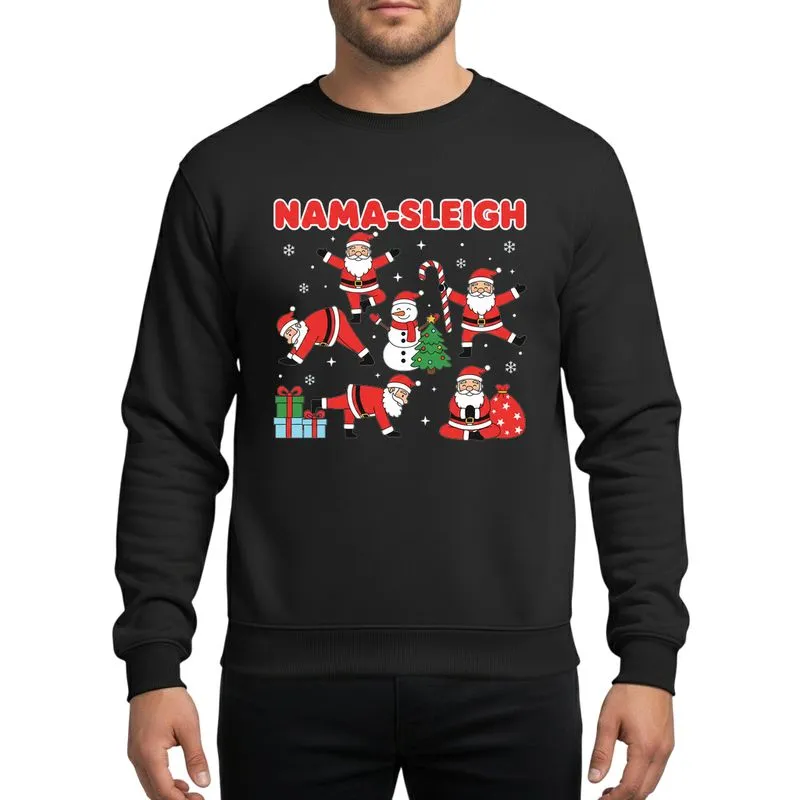 Yoga & Christmas Fans' Nama-Sleigh Retro Red Text, Funny Santa Snowman Cartoon Yoga Poses Sweatshirt - 1