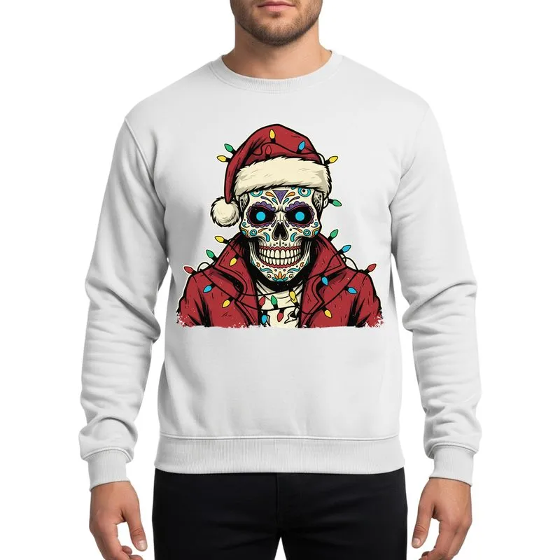 Edgy Holiday Style Distressed Comic Art Sugar Skull Santa Hat Electric Blue Eyes Teal Crimson Christmas Lights Sweatshirt - 1