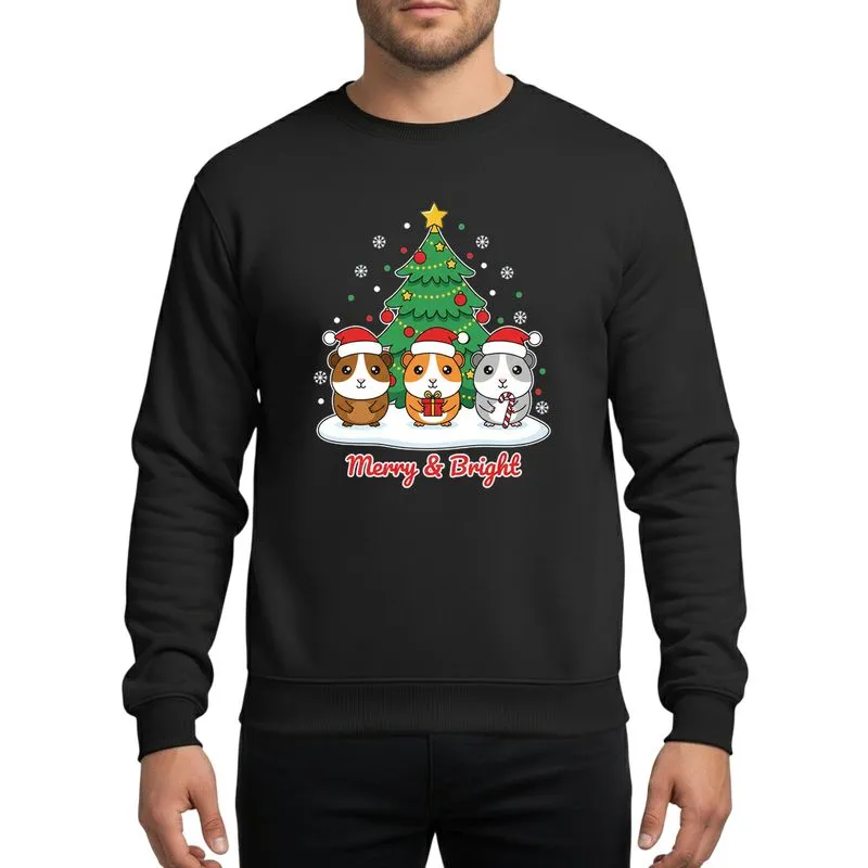 Guinea Pig Lovers' Cheerful Cartoon Guinea Pigs Red Santa Hats Green Christmas Tree Golden Star Ornaments Merry & Bright Whimsical Holiday Sweatshirt - 1