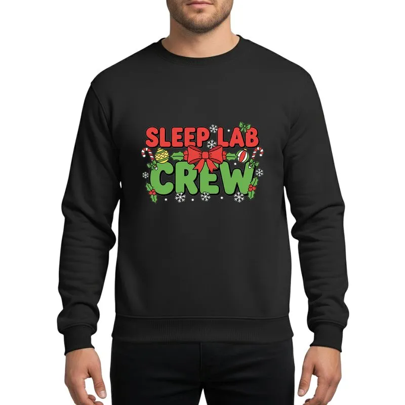 Sleep Lab Crew Members' Festive Red Green White 'SLEEP LAB CREW' Typography Holiday Snowflakes Holly Candy Canes Ornaments Retro Cartoon Sweatshirt - 1
