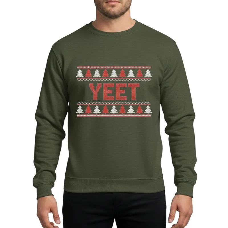 Trendy Holiday Enthusiasts' Bold Red White Knitted YEET Ugly Christmas Sweater with Candy Canes & Fir Trees Sweatshirt - 1