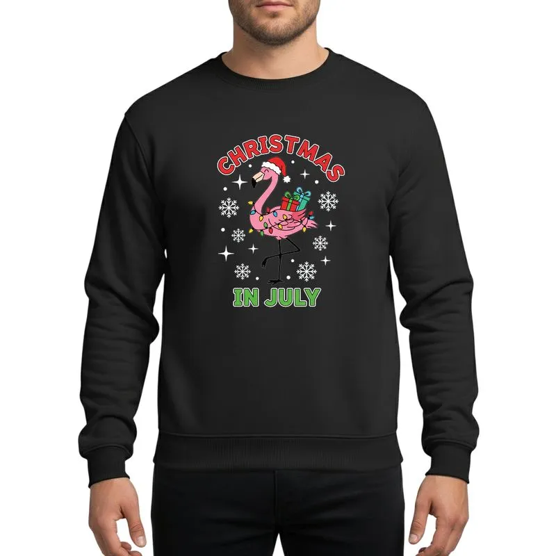 Women's Whimsical Pink Flamingo Santa Hat Christmas In July Festive Holiday Lights Gifts Design Sweatshirt - 1