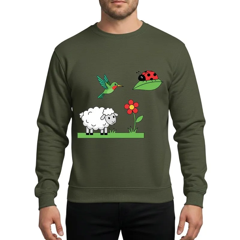 Whimsical Holiday Lovers' Magenta Cartoon Fluffy Sheep, Red Ladybug, Green Hummingbird Design Sweatshirt - 1
