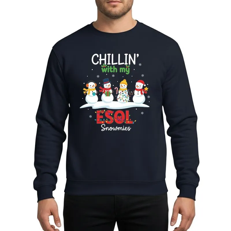 ESOL Educators' Whimsical 'Chillin' With My ESOL Snowmies' Design, Four Cartoon Snowmen, Multicolor Holiday Lights Sweatshirt - 1