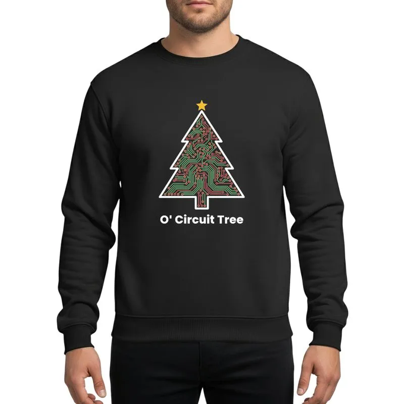 Tech Lovers' Stylized Circuit Board Christmas Tree Green Red Traces Yellow Star 'O Circuit Tree' Sweatshirt - 1