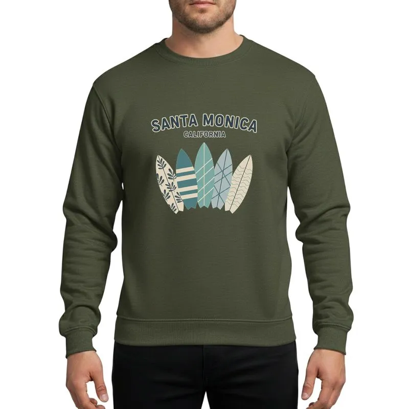Coastal Style Aficionados Retro Santa Monica California Four Surfboards Illustrative Muted Teal Beige Grey Flat Design Sweatshirt - 1
