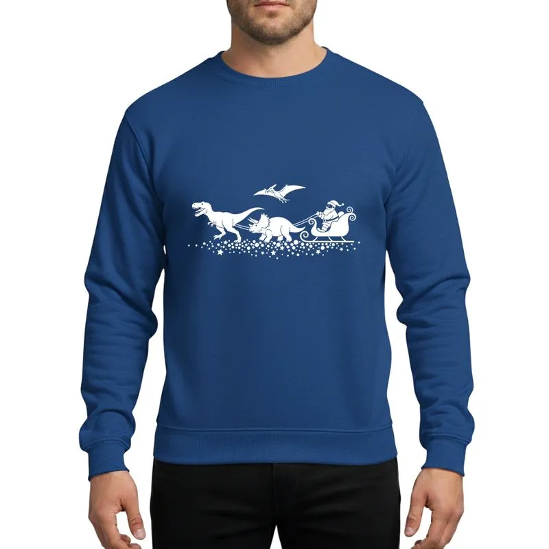 Family Christmas Whimsical White Vector Dinosaurs Pulling Santa's Sleigh Starry Trail Sweatshirt - 1