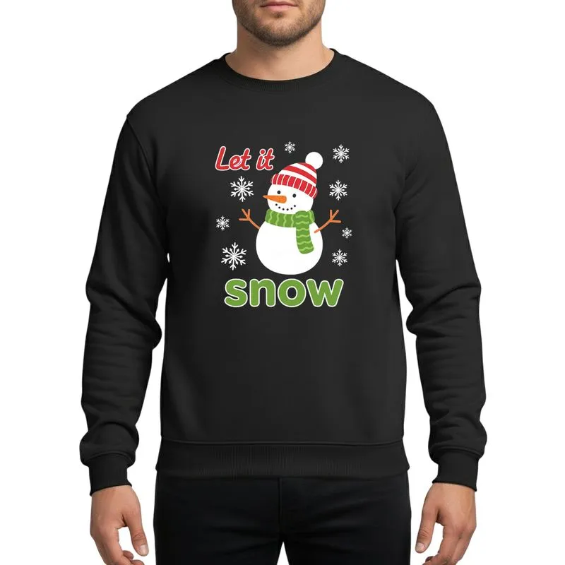 Christmas Celebrators' Cheerful Cartoon Snowman Red Striped Beanie Green Zigzag Scarf "Let It Snow" Snowflakes Sweatshirt - 1