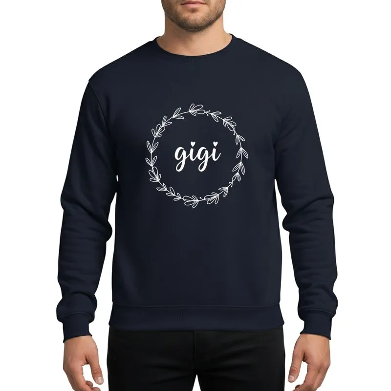 Grandmothers' Elegant White 'Gigi' Script with Heart Accent, Minimalist Floral Wreath Sweatshirt - 1