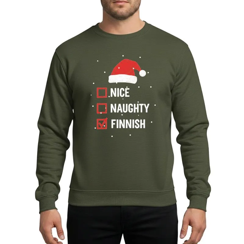 Finnish Heritage Enthusiasts' Hand-drawn Distressed Red White Santa Hat 'NICE NAUGHTY FINNISH' Checklist Design Sweatshirt - 1