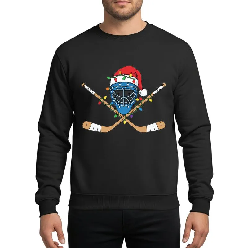 Men's & Boys' Detailed Blue Hockey Goalie Mask with Santa Hat, Crossed Sticks & Colorful Christmas Lights Sweatshirt - 1