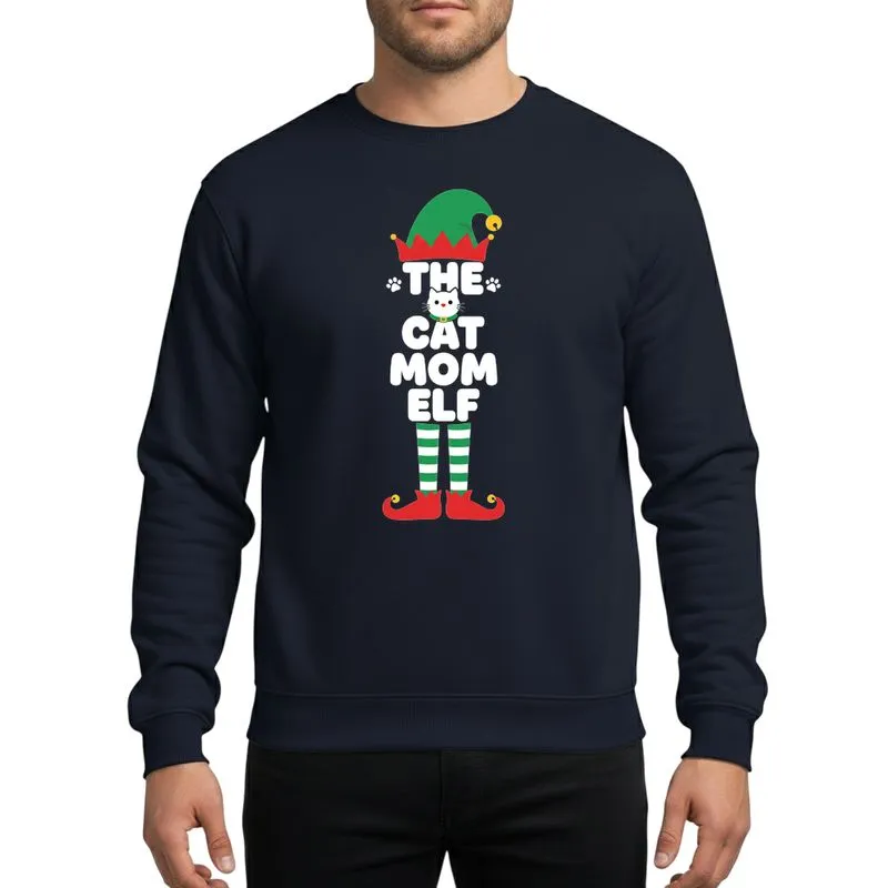 Cat Mom Women's Red Green Elf Figure White Cat 'THE CAT MOM ELF' Holiday Design Sweatshirt - 1