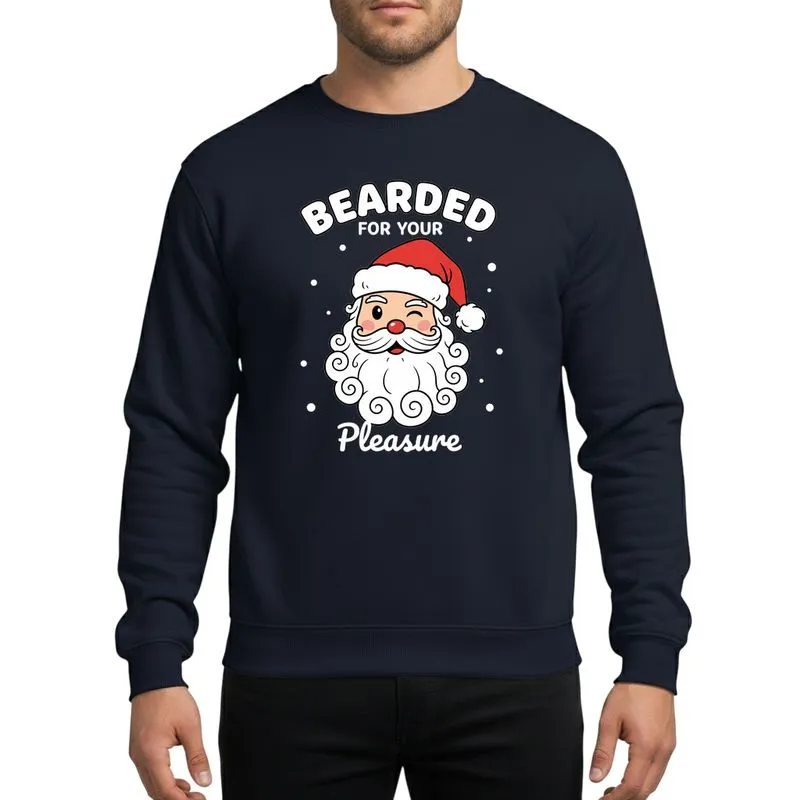 Holiday Humor Enthusiasts' Playful Winking Santa Portrait, Voluminous White Beard, Classic Red Hat, Bold 'BEARDED' Text Sweatshirt - 1