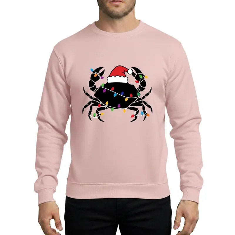 Crabbing Fishermen's Festive Black Crab Red Santa Hat Multi-Color Christmas Lights Sweatshirt - 1