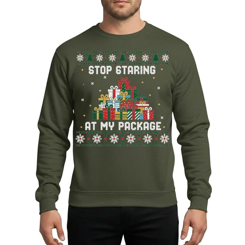 Holiday Party Goers' Retro 8-bit Pixel Art Christmas Gift Stack 'Stop Staring At My Package' Knit Style Sweatshirt - 1
