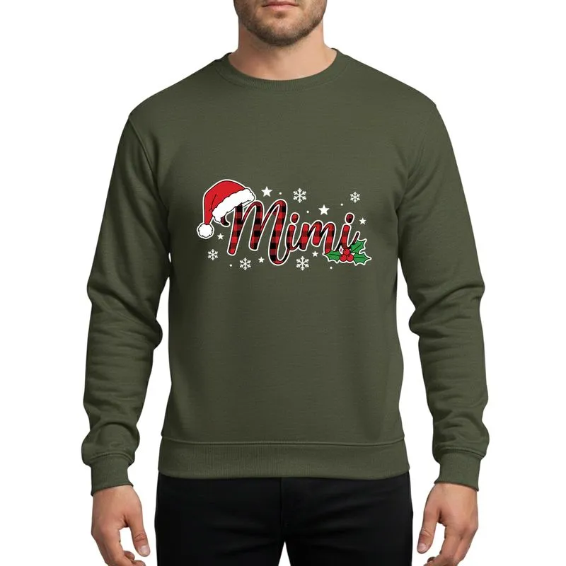 Grandmothers' Elegant Script Mimi Red Black Buffalo Plaid Santa Hat Holly Snowflakes Sweatshirt - 1