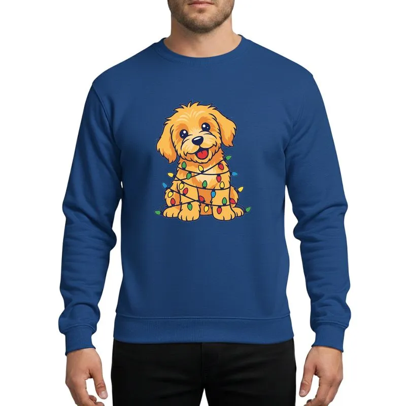 Goldendoodle Lovers' Cheerful Gold Goldendoodle Puppy Tangled in Vibrant Red Green Blue Yellow Christmas Lights Cartoon Art Sweatshirt - 1