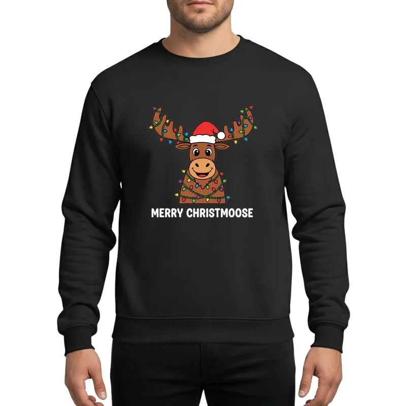 Christmas Lovers' Whimsical Cartoon Moose with Santa Hat & Multi-Color Lights 'MERRY CHRISTMOOSE' Sweatshirt - 1