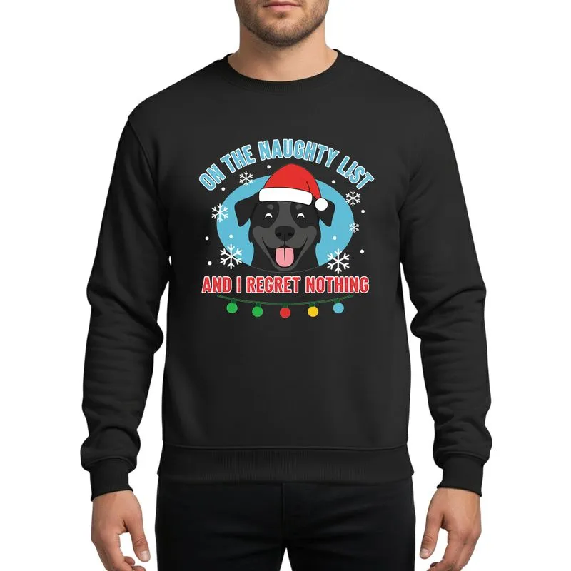 Dog Lovers' Humorous Black Flat-Coated Retriever Naughty List Red Santa Hat Blue Snowflake Festive Art Sweatshirt - 1