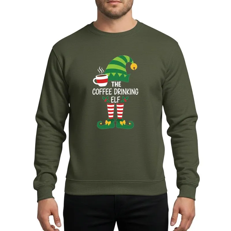 Holiday Coffee Lovers Whimsical Elf Hat Lime Green Stripe Coffee Cup Red Band Elf Legs Design Sweatshirt - 1
