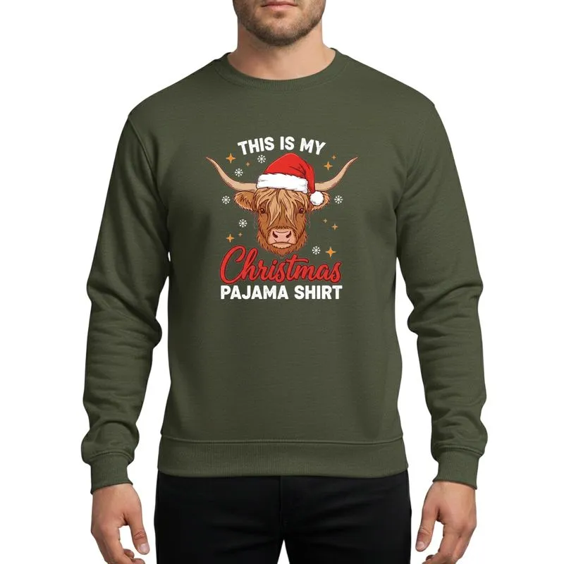 Highland Cow Fans' Rustic Christmas Red Santa Hat Brown Cow Flat Color Snowflakes Stars Cozy Text Art Sweatshirt - 1