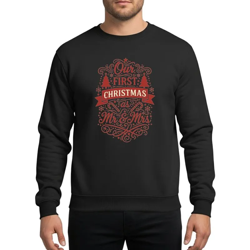 Newlyweds' Ornate Red Mr & Mrs First Christmas Typographic Art with Tree & Candy Cane Motifs Sweatshirt - 1