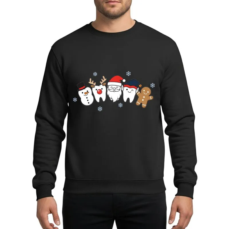 Dental Professionals' Whimsical Christmas Cartoon Tooth Snowman Reindeer Santa Elf Gingerbread Pattern Sweatshirt - 1