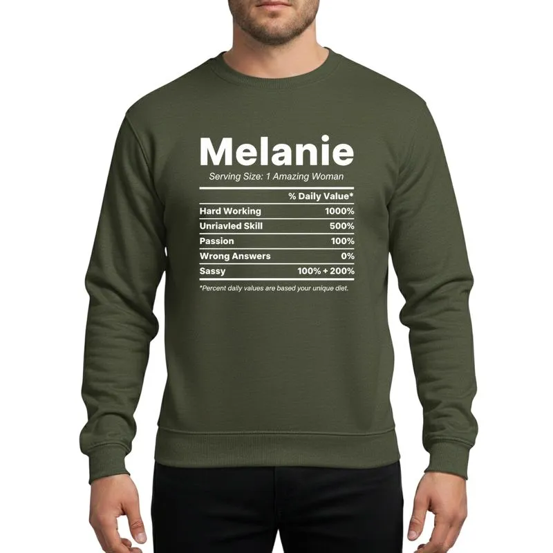 Women's Personalized Melanie Name White Text Nutrition Label Parody Vibrant Green Background Minimalist Typographic Sweatshirt - 1