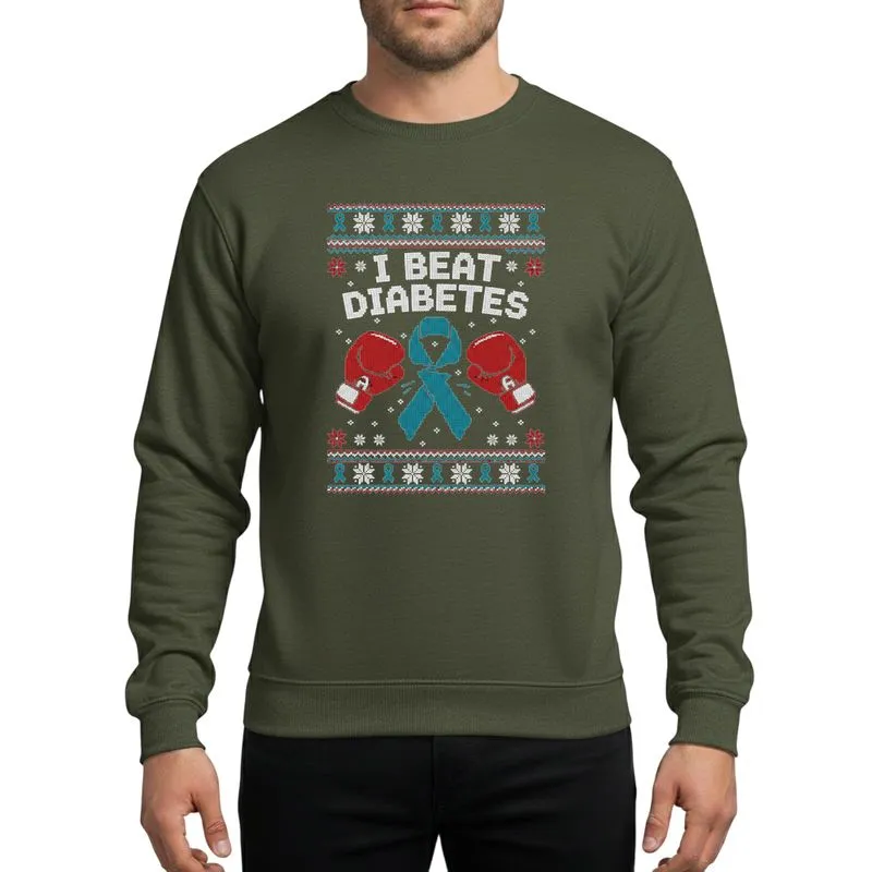 Empowerment Advocates' Ugly Christmas Sweater Pixel Art 'I BEAT DIABETES' Text, Red Boxing Gloves, Blue Awareness Ribbon, Teal Snowflakes, Black Background Sweatshirt - 1