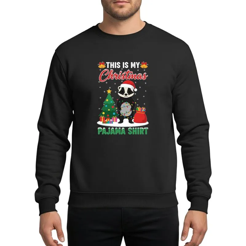 Honey Badger Lovers' Whimsical Black Honey Badger, Red Santa Hat, Multicolor Lights, Festive Gifts, White & Red Christmas Text Sweatshirt - 1