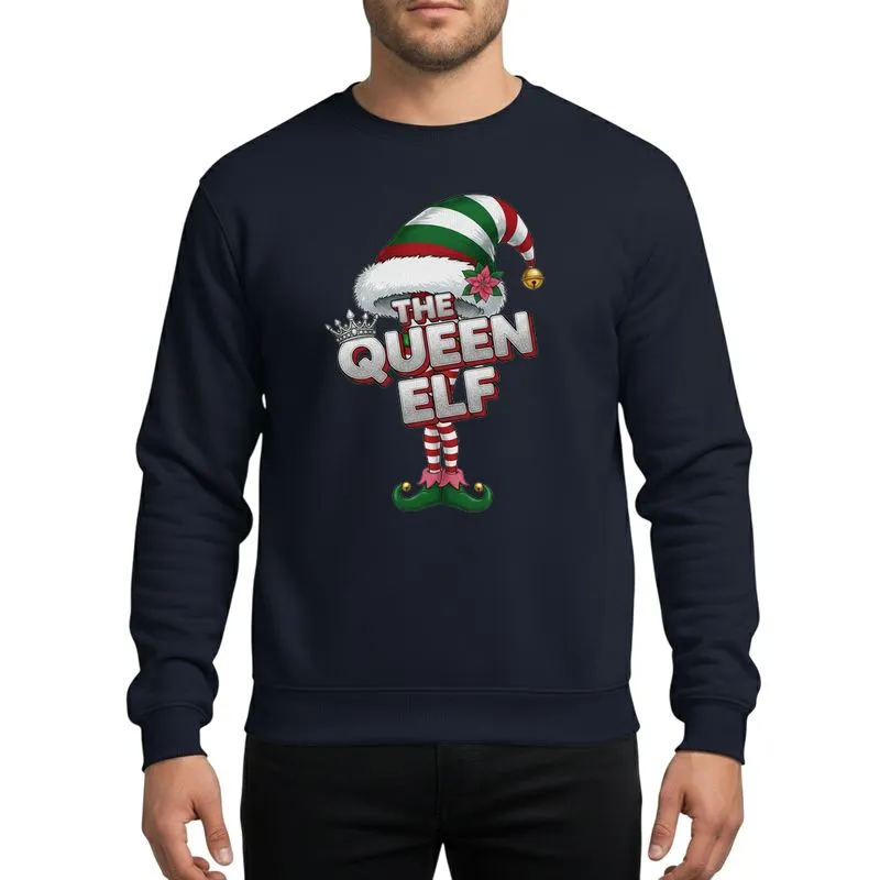 Women's & Girls' Royal Christmas Elf Design: Bold 3D Metallic Queen Elf, Red Green White Hat, Sparkly Crown, Sassy Striped Legs Sweatshirt - 1