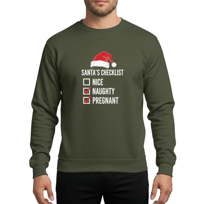 Women's Distressed Grunge Red White Santa Checklist Pregnant Holiday Announcement Sweatshirt - 1