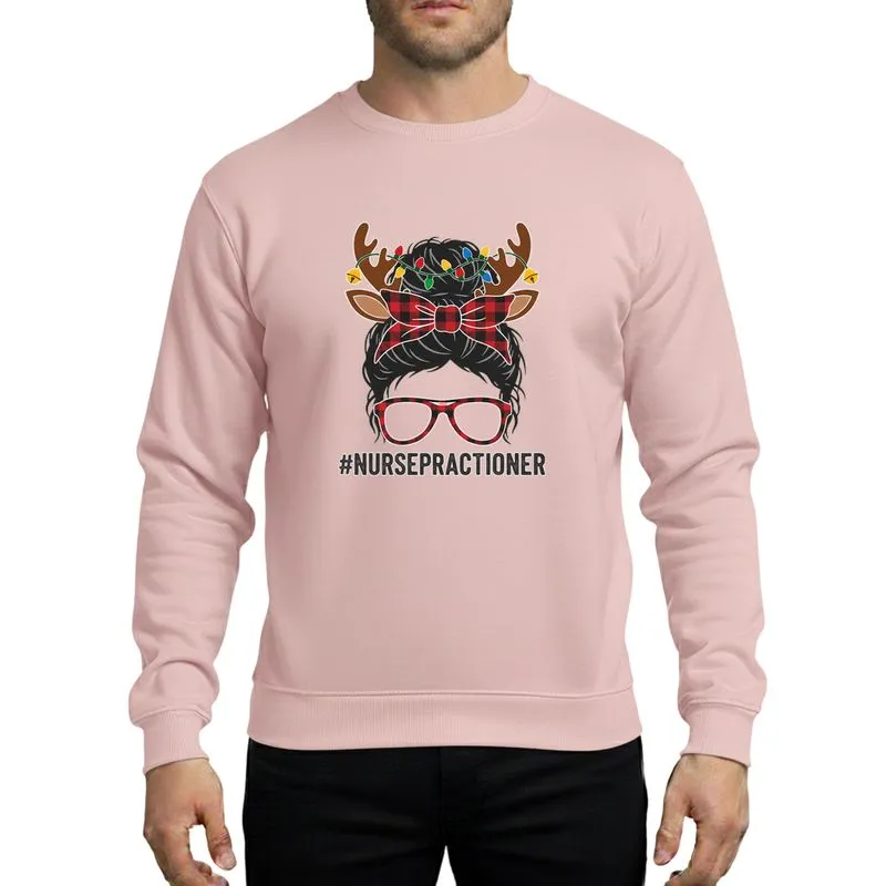 Nurse Practitioner Festive Messy Bun, Reindeer Antlers, Red Black Buffalo Plaid Christmas Lights Sweatshirt - 1