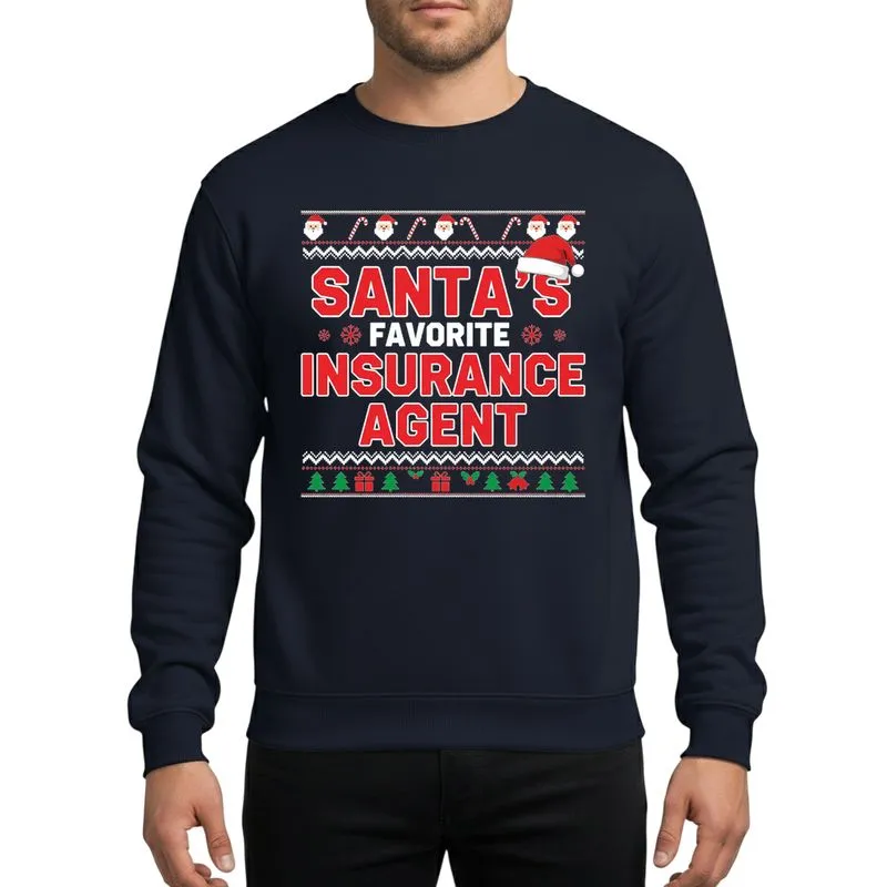Insurance Agents' Pixelated Red White Green 'Santa's Favorite' Holiday Candy Cane Santa Face Design Sweatshirt - 1