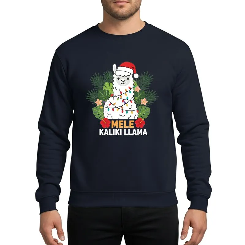 Tropical Christmas Fans' Whimsical White Llama, Red Santa Hat, Rainbow Lights, Green Palm, Peach Plumeria, Orange Mele Kaliki Llama Sweatshirt - 1