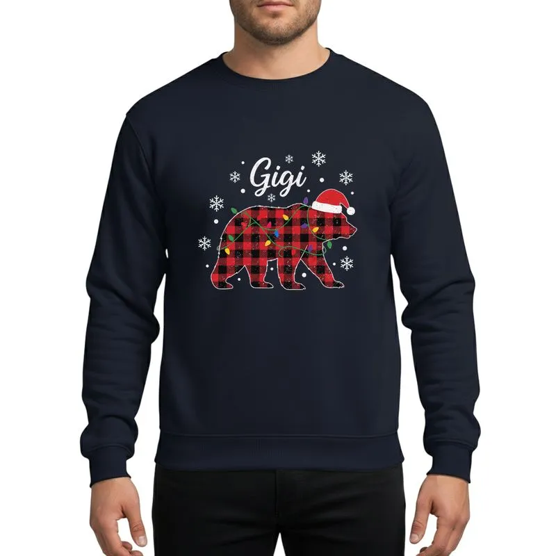 Gigi's Family Christmas Distressed Red Black Buffalo Plaid Bear Santa Hat Colorful Lights Snowflake Winter Scene Sweatshirt - 1