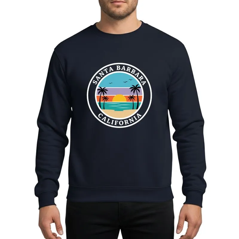 Coastal Lifestyle Fans' Santa Barbara California Retro Beach Sunset Palm Tree Silhouettes Flat Color Art Sweatshirt - 1