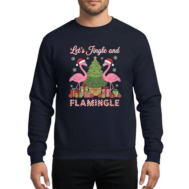 Christmas Enthusiasts' Vibrant Pink Flamingo Santa Hat Festive Tree Red & Green Candy Cane Flamingle Design Sweatshirt - 1