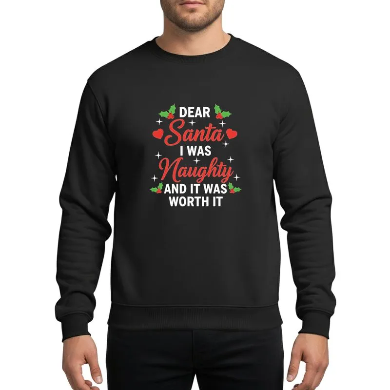 Christmas Humor Lovers' White Block Red Script Naughty Santa Quote Holly & Heart Accents Sweatshirt - 1
