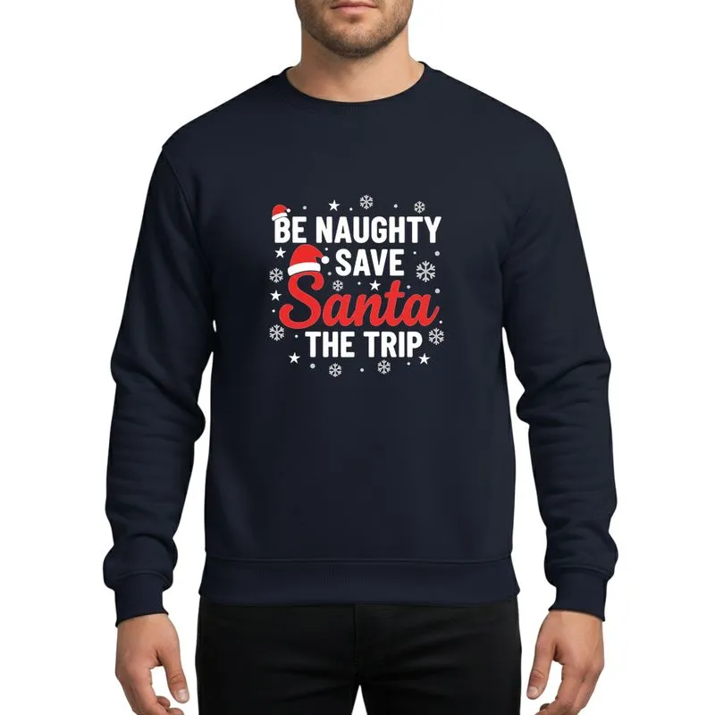 Holiday Humor Enthusiasts' Festive Red Script Santa White Text Snowflake Star Pattern Sweatshirt - 1
