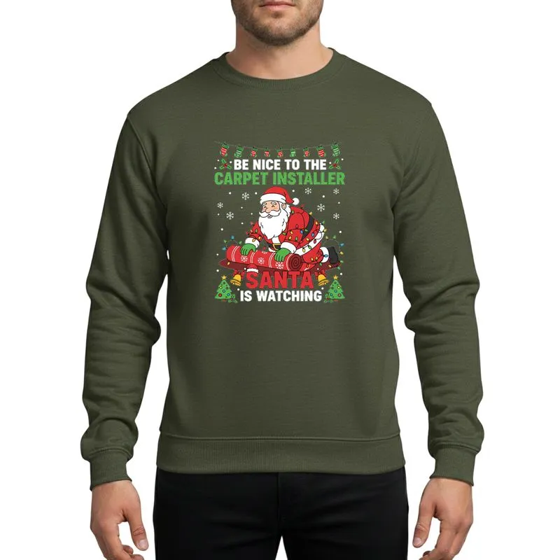 Holiday Humor Fans Jolly Santa Tangled in Colorful Lights Unrolling Red Snowflake Carpet Festive Warning Graphic Sweatshirt - 1
