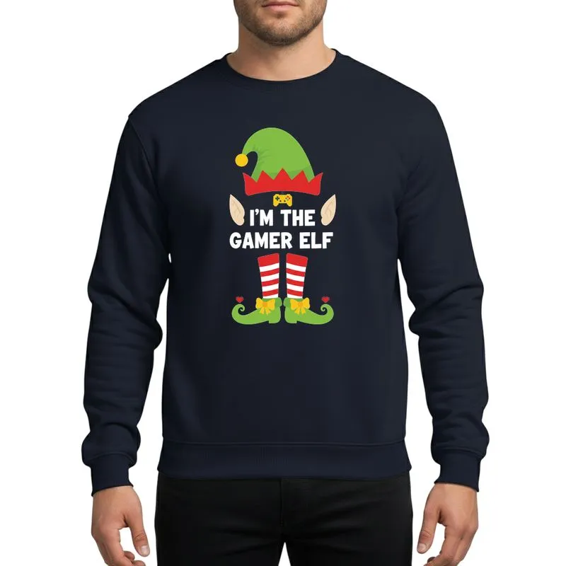 Christmas Gamers' Whimsical Elf Costume Elements, Pixel Gamepad, Striped Socks, Lime Green & Red Accents Sweatshirt - 1