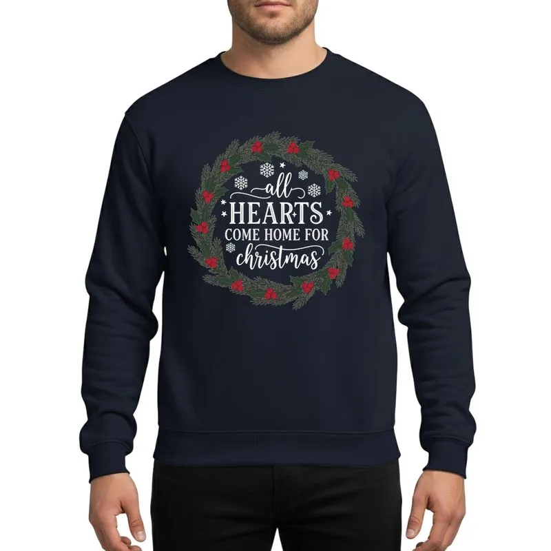 Holiday Family Lovers' Rustic White 'All Hearts Come Home' Script, Forest Green Holly Berry Christmas Wreath Sweatshirt - 1