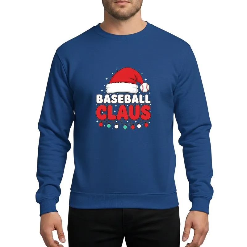 Baseball Fans & Festive Group Celebrators Vibrant Red Santa Hat Baseball Pom-pom, Bold White Baseball & Distressed Red Claus Typography, Red White Blue-Green Christmas Lights Sweatshirt - 1
