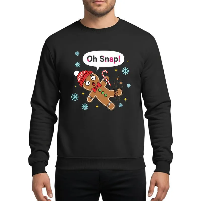 Christmas Lovers' Oh Snap Gingerbread Man, Cartoon Broken Cookie, Red Hat Green Buttons, Icy Blue Snowflakes Sweatshirt - 1