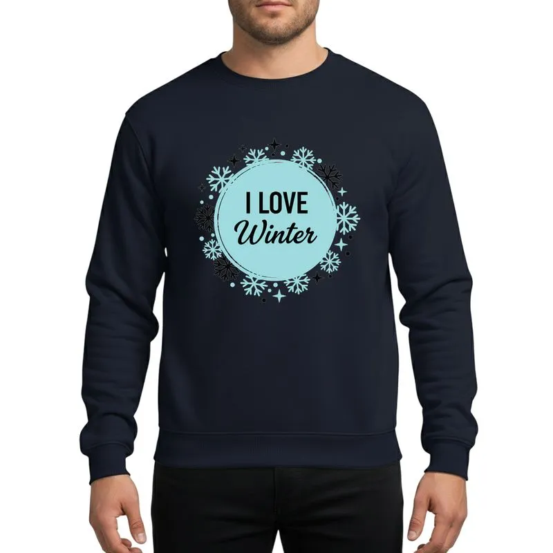 Winter Lovers' Light Blue Cyan Black Hand-Drawn 'I Love Winter' Circular Emblem Whimsical Snowflakes Stars Sweatshirt - 1