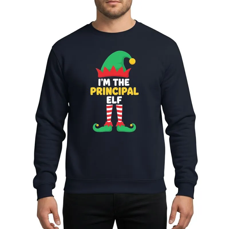 Family Christmas Group Whimsical Green Elf Hat Red Trim Yellow 'Principal Elf' Text Candy Cane Striped Legs Gold Bells Sweatshirt - 1