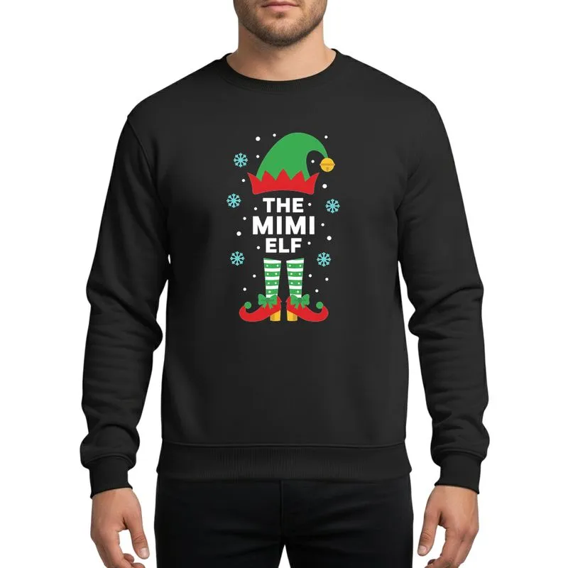 Family Holiday Enthusiasts Mimi Elf Festive Green Hat Red Bell Striped Stockings Red Shoes Snowflakes Sweatshirt - 1